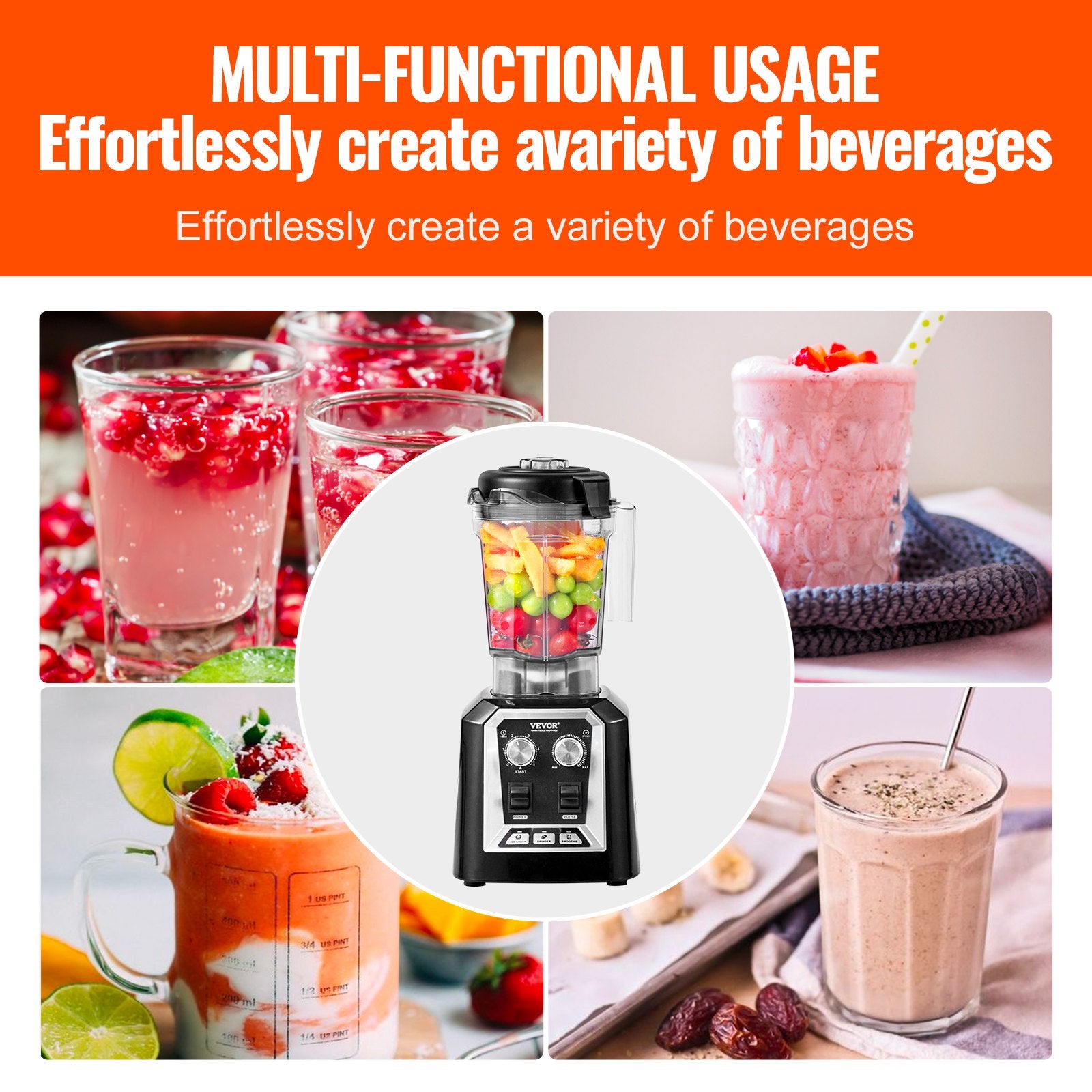 Professional Blender, Commercial Countertop Blenders, 68 Oz Jar Blender Combo, Stainless Steel 3 Functions Blender, For Frozen Drinks, Shakes, Smoothies, Peree, And Crush Ice, Black
