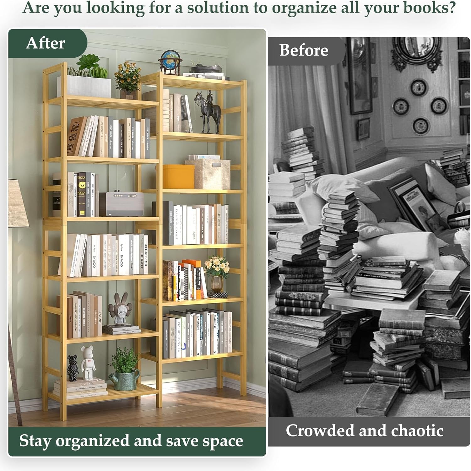 6 Ft Tall Bamboo Bookshelf For Home Office Living Room