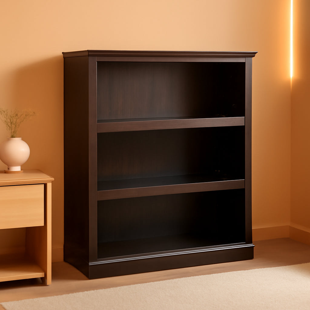 Three Tier Wooden Book Shelf Estate Black with Adjustable Shelves Multipurpose Bookshelf for Home Office And Living Room