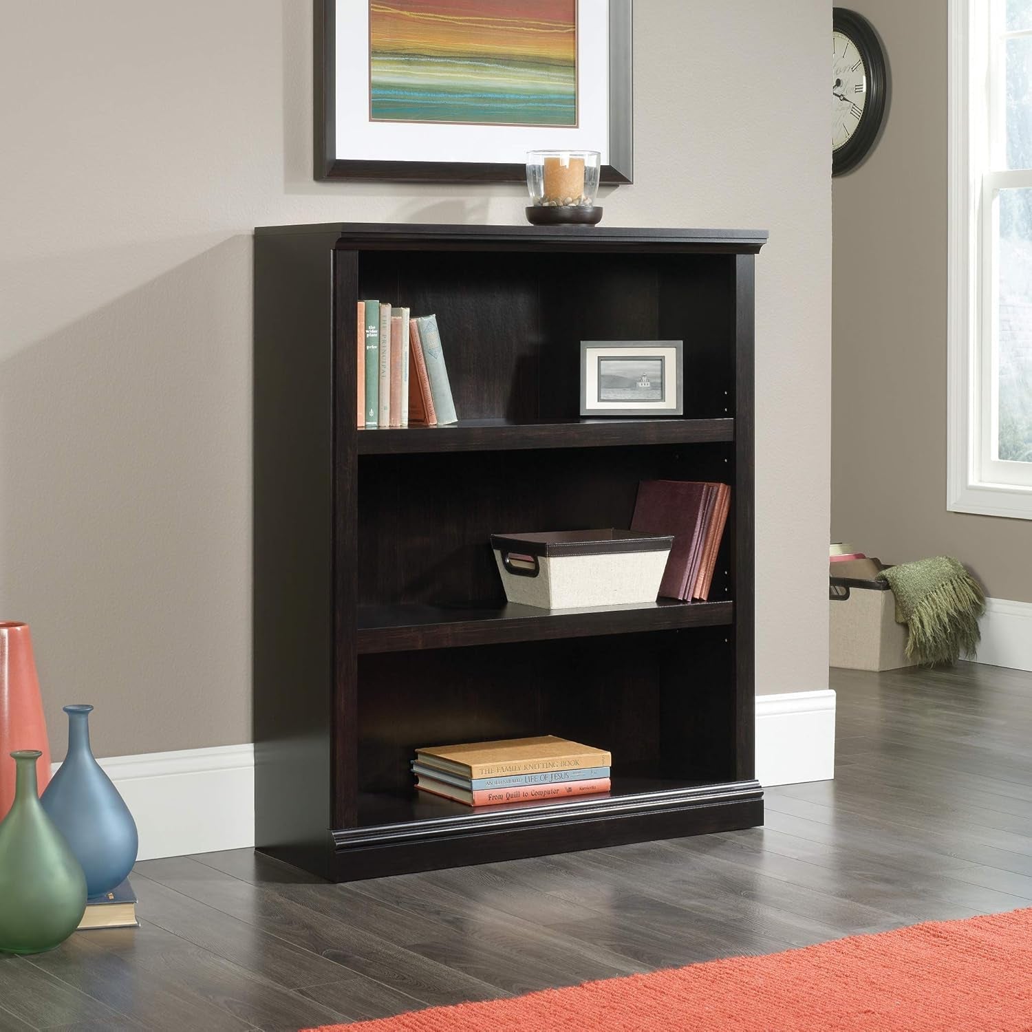 Three Tier Wooden Book Shelf Estate Black with Adjustable Shelves Multipurpose Bookshelf for Home Office And Living Room