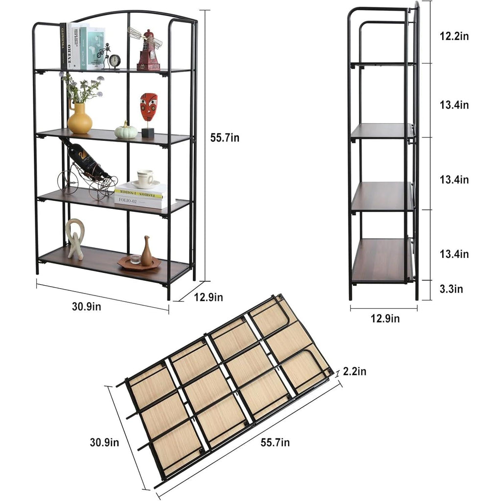 4 Tier Black Folding Bookshelf for Living Room Home Office